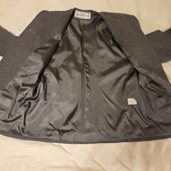 Vtg 80s Evan Picone Gray Career Collarless Suit Coat And Pleated Skirt Pockets - Picture 8 of 15